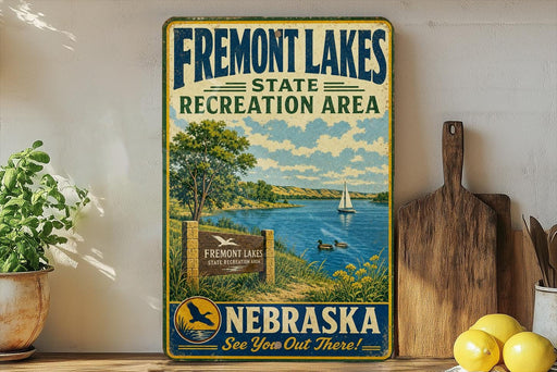 a vintage-style sign for Fremont Lakes State Recreation Area in Nebraska, with a scenic illustration of the lake and surrounding landscape.