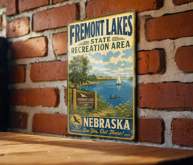 A vintage metal sign for Fremont Lakes State Recreation Area in Nebraska, featuring a scenic illustration of the lake and surrounding landscape.