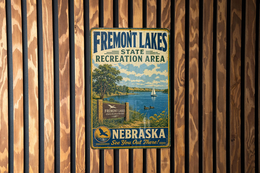 A vintage metal sign for Fremont Lakes State Recreation Area in Nebraska, featuring a scenic illustration of the lake and surrounding landscape.