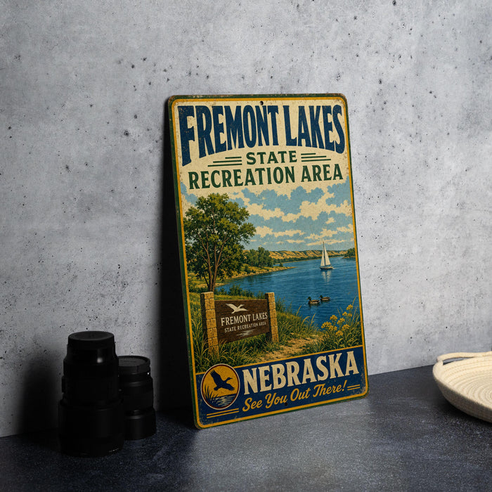 A vintage metal sign for Fremont Lakes State Recreation Area in Nebraska, featuring a scenic image of the lake and surrounding landscape.