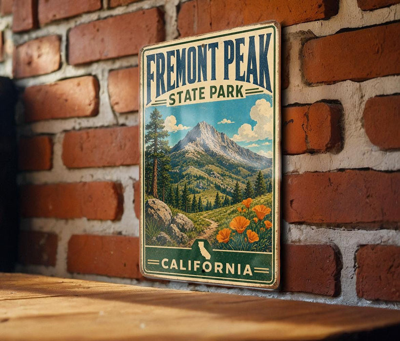A vintage metal sign for Fremont Peak State Park in California, featuring a mountain landscape with pine trees, flowers, and a trail.