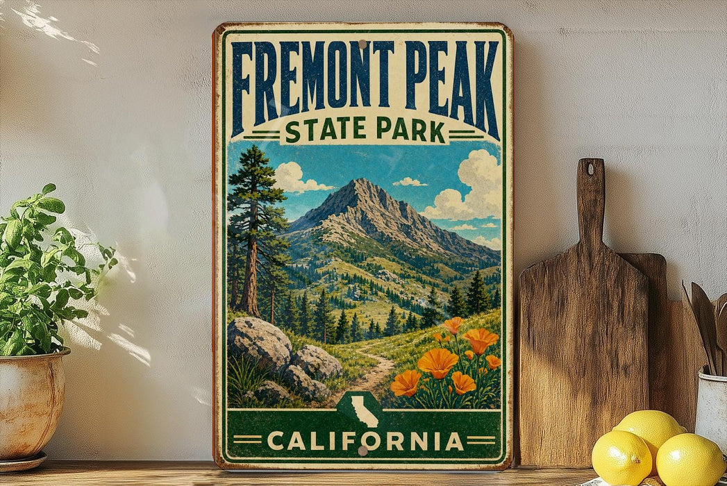 a vintage-style sign for Fremont Peak State Park in California, with a mountain landscape and flowers in the foreground.
