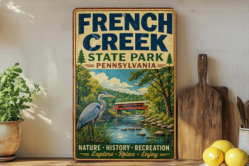 A vintage-style sign for French Creek State Park in Pennsylvania, featuring an illustration of a heron and a bridge over a river.