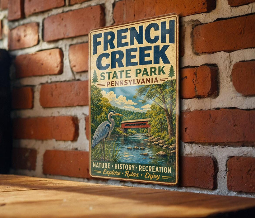 A vintage-style metal sign for French Creek State Park in Pennsylvania, featuring a scenic illustration of a river, bridge, and wildlife.