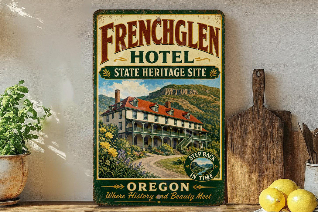 a vintage-style sign for the French Glen Hotel, which is a state heritage site in Oregon. The sign displays a picture of a historic hotel building surrounded by a scenic landscape.