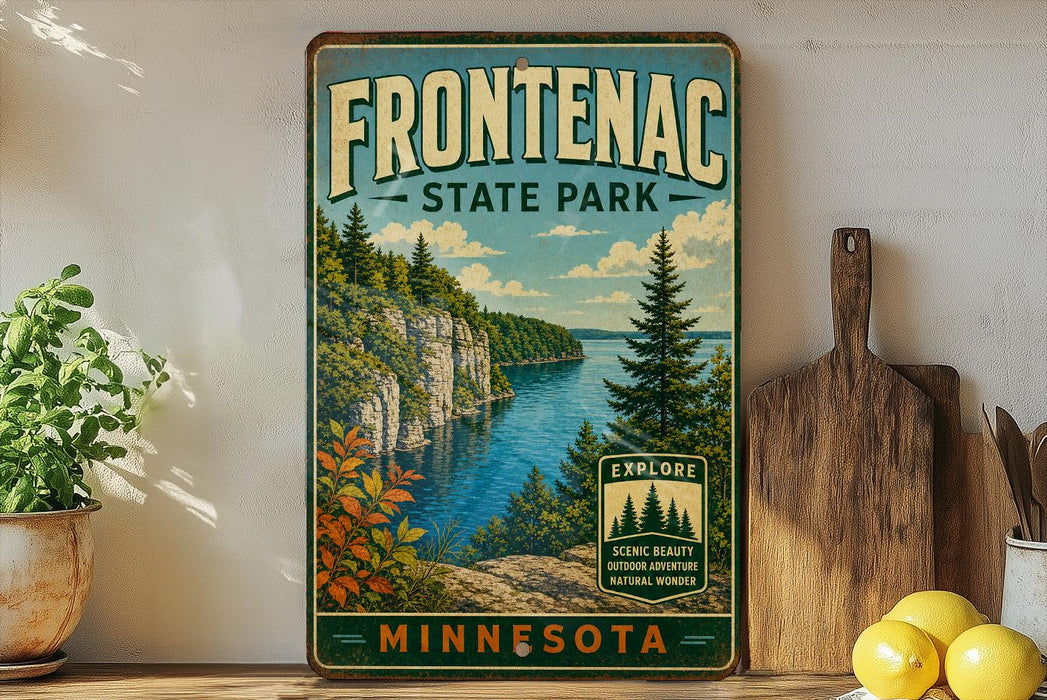 a vintage-style sign for Frontenac State Park in Minnesota, with a scenic landscape depicting a lake surrounded by mountains and pine trees.