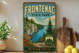 a vintage-style sign for Frontenac State Park in Minnesota, with a scenic landscape depicting a lake surrounded by mountains and pine trees.