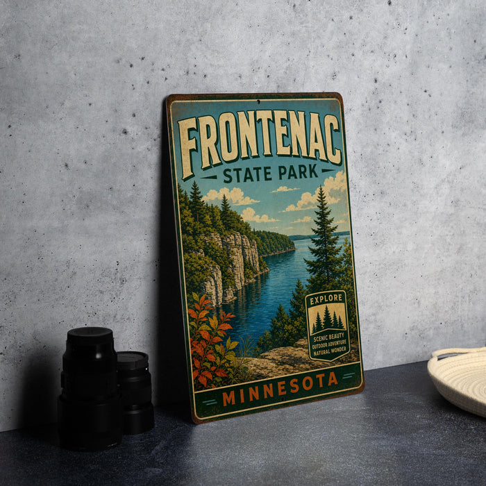 A vintage-style metal sign for Frontenac State Park in Minnesota, featuring a scenic landscape with a lake, cliffs, and pine trees.