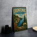 A vintage-style metal sign for Frontenac State Park in Minnesota, featuring a scenic landscape with a lake, cliffs, and pine trees.