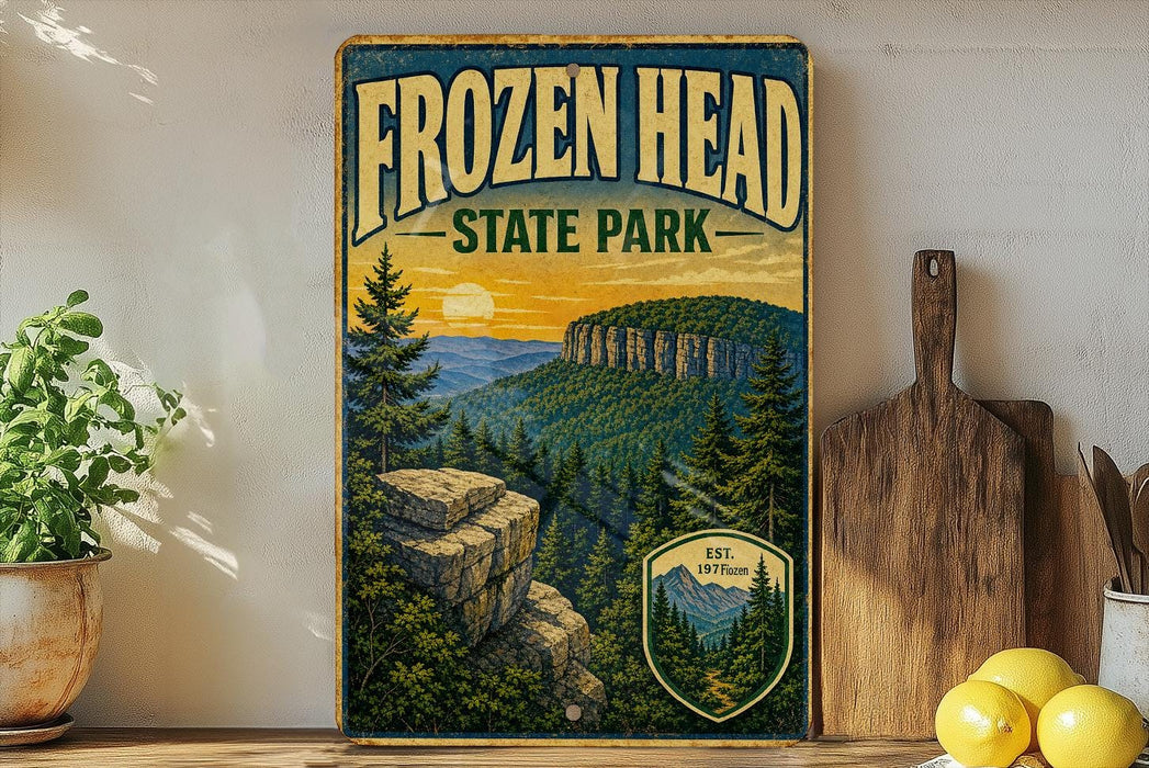 A vintage-style poster of Frozen Head State Park, featuring a scenic mountain landscape with pine trees and a sunset in the background.