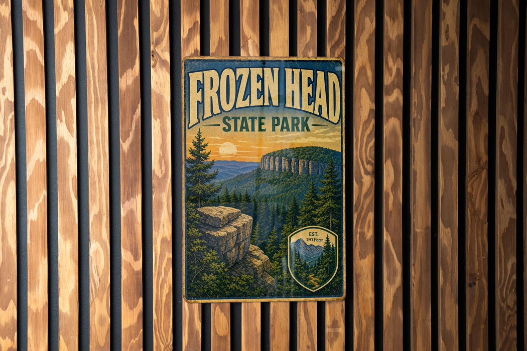 A vintage-style sign for Frozen Head State Park, featuring a scenic mountain landscape with pine trees and a sunset in the background.