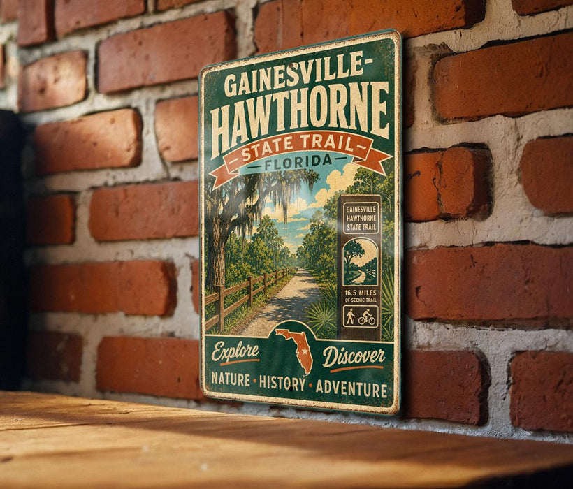 A vintage-style metal sign for the Gainesville-Hawthorne State Trail in Florida, featuring a scenic illustration of a road surrounded by lush greenery and palm trees.
