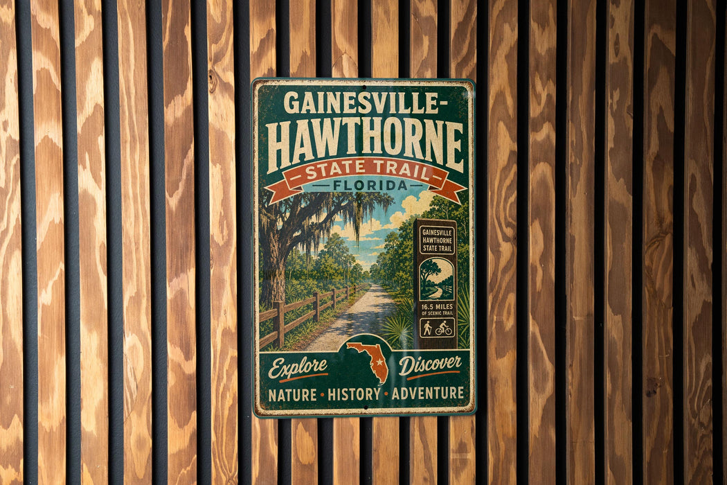 A vintage-style metal sign for the Gainesville-Hawthorne State Trail in Florida, featuring a scenic illustration of a road surrounded by lush greenery and palm trees.