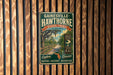 A vintage-style metal sign for the Gainesville-Hawthorne State Trail in Florida, featuring a scenic illustration of a road surrounded by lush greenery and palm trees.