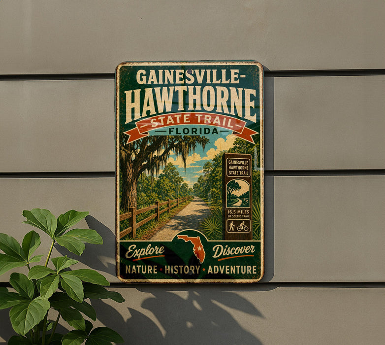 A vintage-style metal sign for the Gainesville-Hawthorne State Trail in Florida, featuring a scenic illustration of a road surrounded by lush greenery and palm trees.