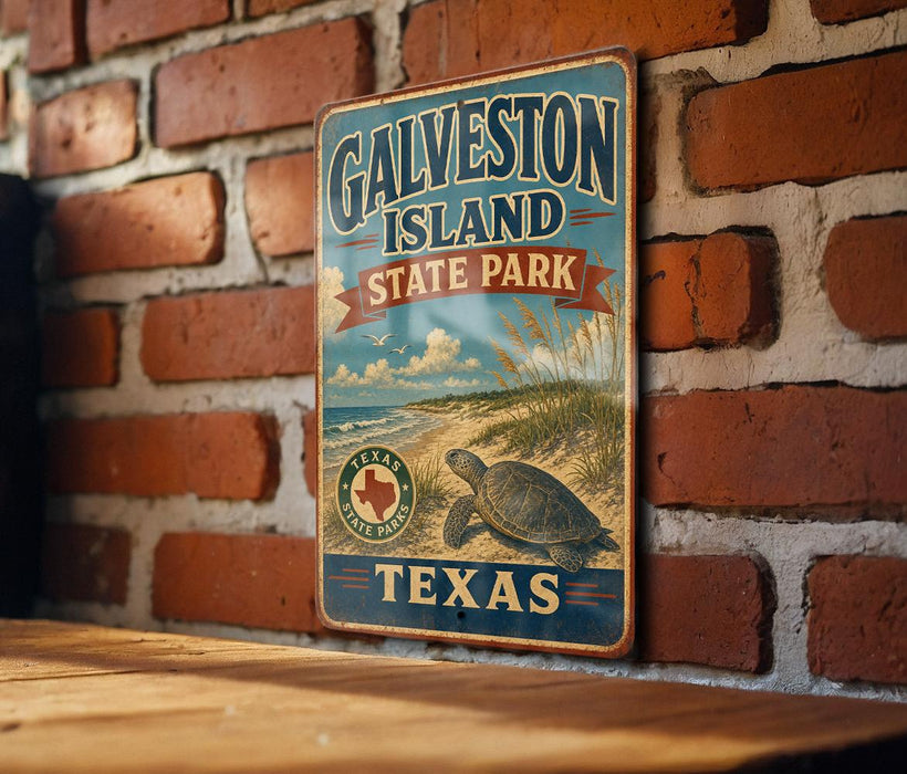 A vintage metal sign for Galveston Island State Park in Texas, featuring a turtle illustration and the text "Galveston Island State Park, Texas".