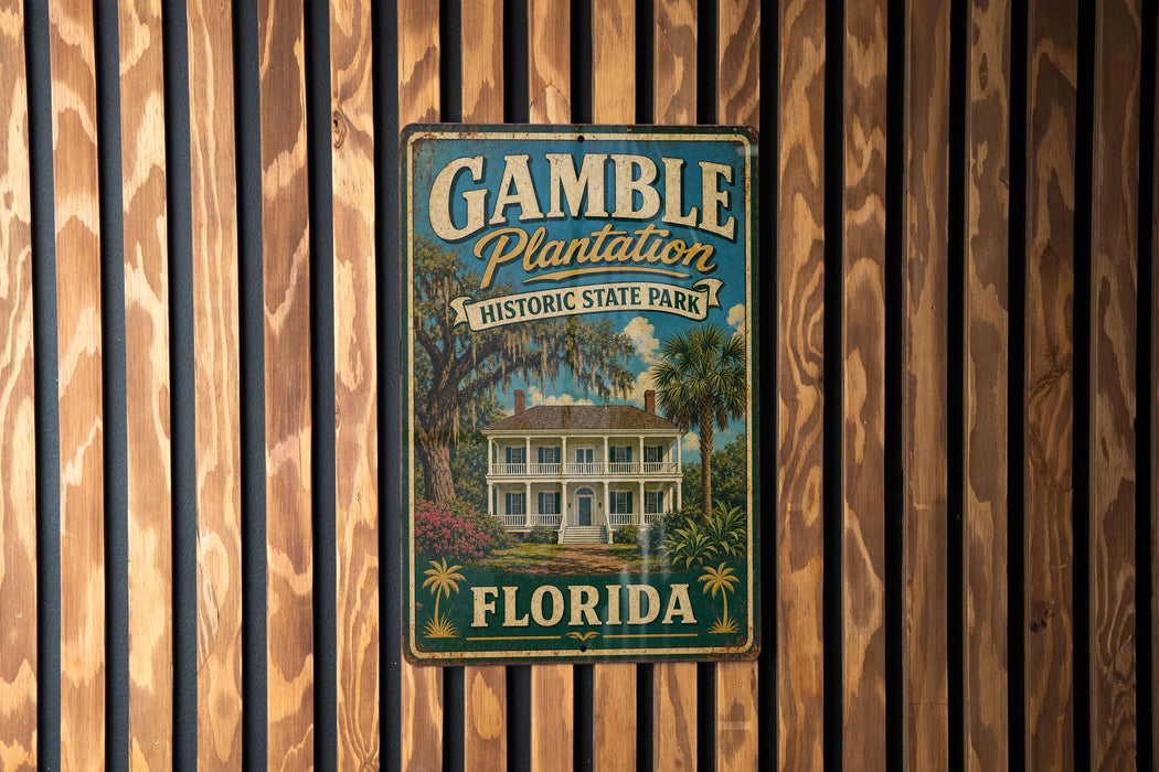A vintage-style metal sign for Gamble Plantation Historic State Park in Florida, featuring a large illustration of a historic plantation house surrounded by palm trees.