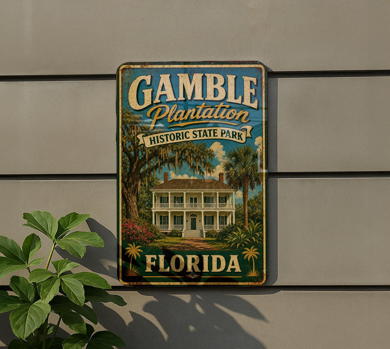 A vintage-style sign for Gamble Plantation Historic State Park in Florida, featuring a large illustration of a plantation house surrounded by palm trees.