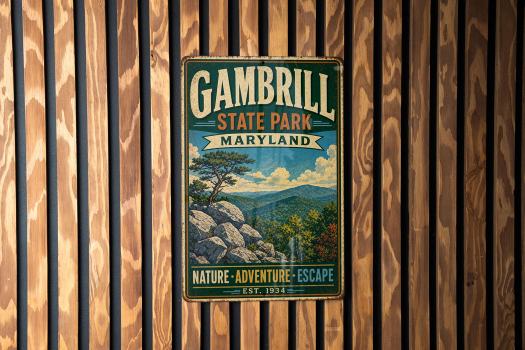 A vintage metal sign for Gambrill State Park, Maryland, featuring a scenic mountain landscape with a pine tree and rocky outcropping.