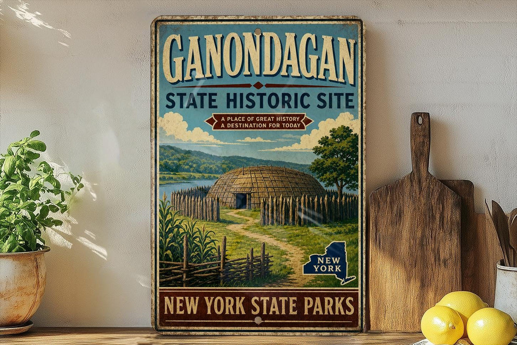 A vintage-style sign for the Gondagan State Historic Site, featuring a depiction of a Native American dwelling surrounded by a wooden fence and a scenic landscape.