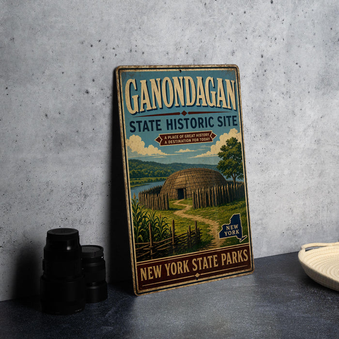 A vintage-style metal sign for the Gondagan State Historic Site, featuring an illustration of a Native American structure surrounded by a forest and a body of water.