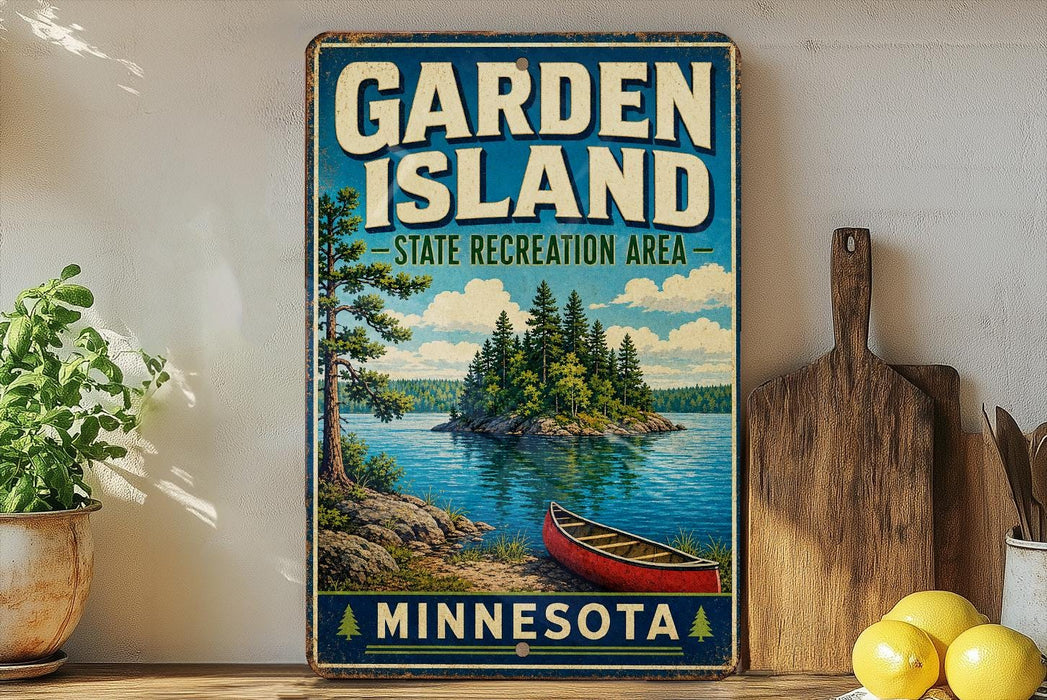 A vintage-style sign for the Garden Island State Recreation Area in Minnesota, featuring a scenic illustration of a lake, island, and canoe.