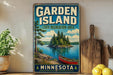 A vintage-style sign for the Garden Island State Recreation Area in Minnesota, featuring a scenic illustration of a lake, island, and canoe.