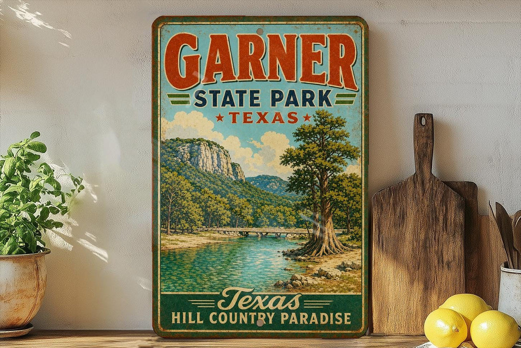 A vintage-style sign for Garnier State Park in Texas, featuring a scenic landscape with a river and mountains.
