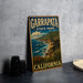 A vintage-style metal sign for Garrapata State Park in California, featuring a scenic coastal landscape with mountains, ocean, and flowers.
