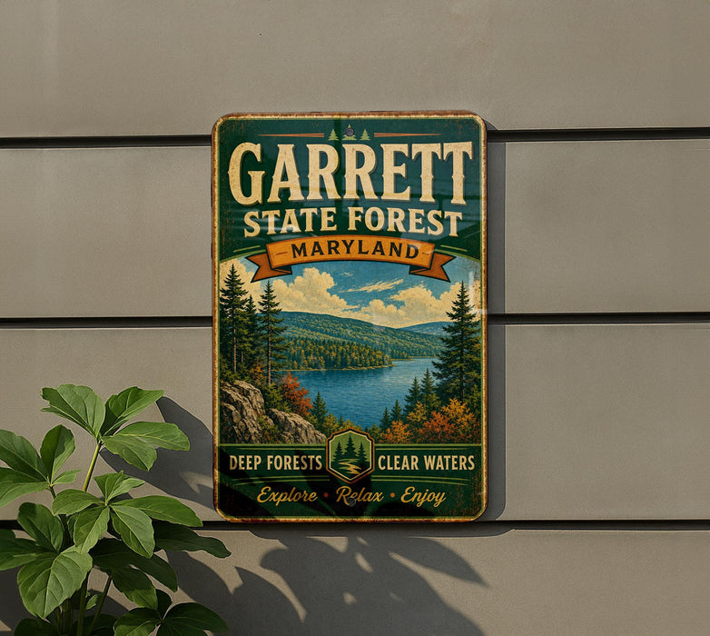 A vintage metal sign for Garrett State Forest, Maryland, featuring a scenic landscape with pine trees, a lake, and mountains.