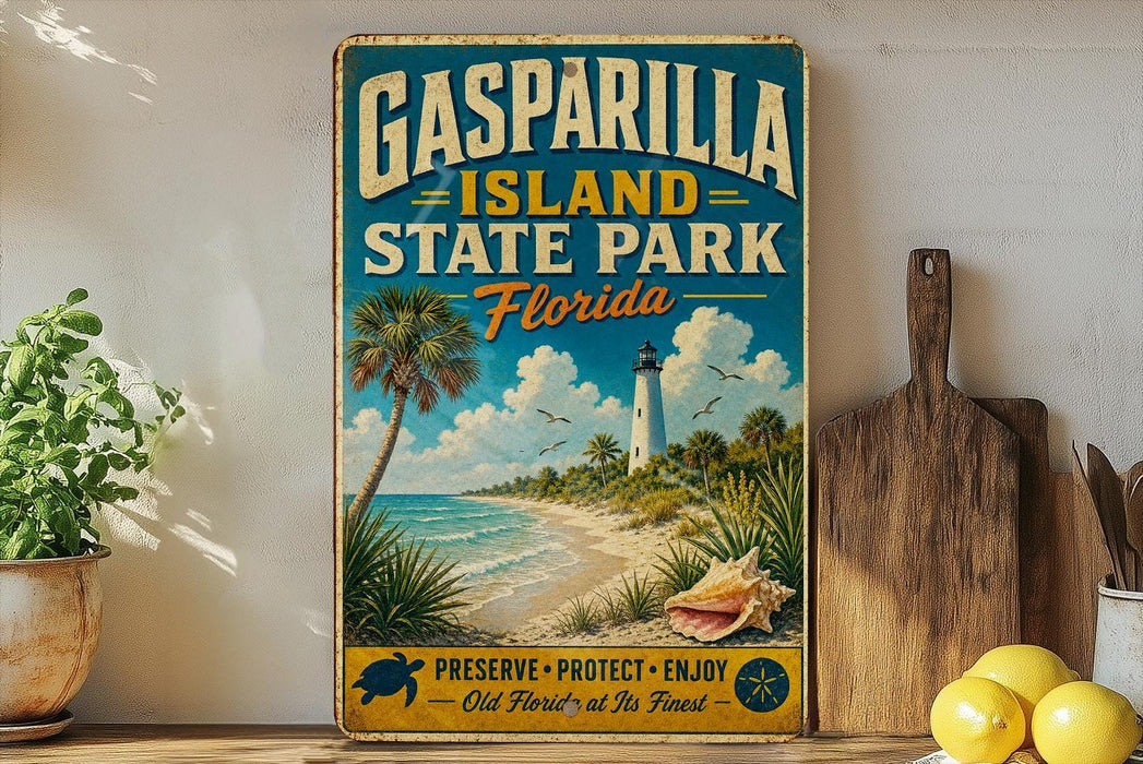 A vintage-style sign for Gasparilla Island State Park in Florida, featuring a beach scene with palm trees, a lighthouse, and a seashell.