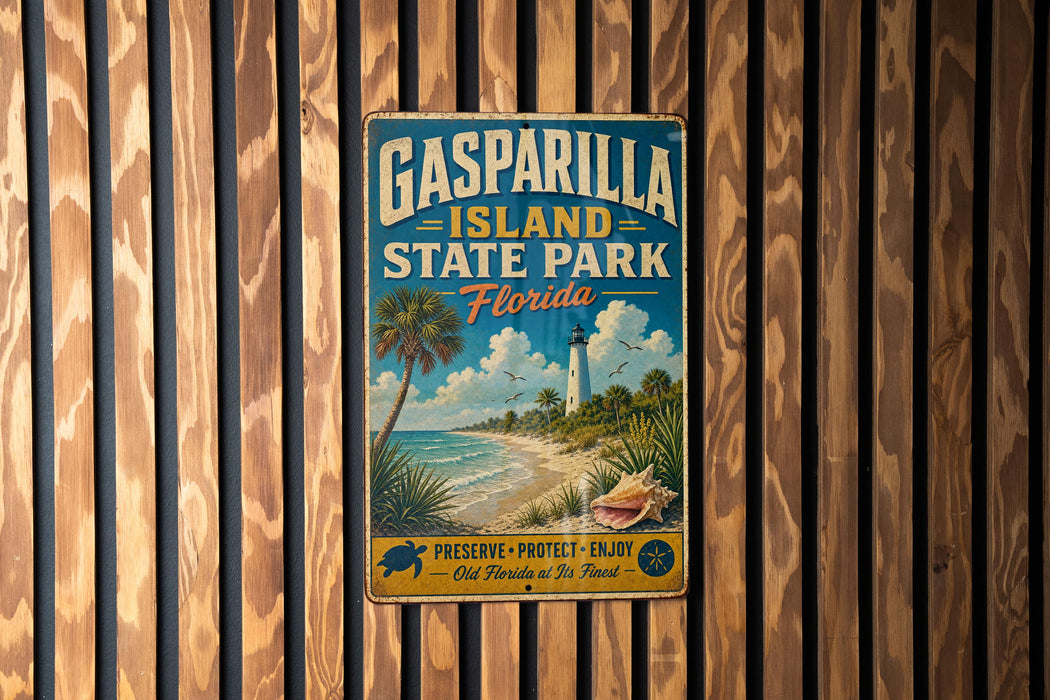 A vintage metal sign for Gasparilla Island State Park in Florida, featuring a beach scene with palm trees and a lighthouse, mounted on a wooden wall.