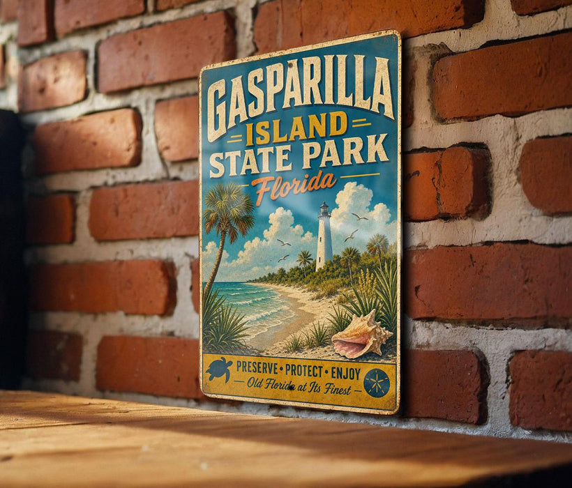 A vintage-style metal sign for Gasparilla Island State Park in Florida, featuring a beach scene with palm trees, a lighthouse, and a seashell.