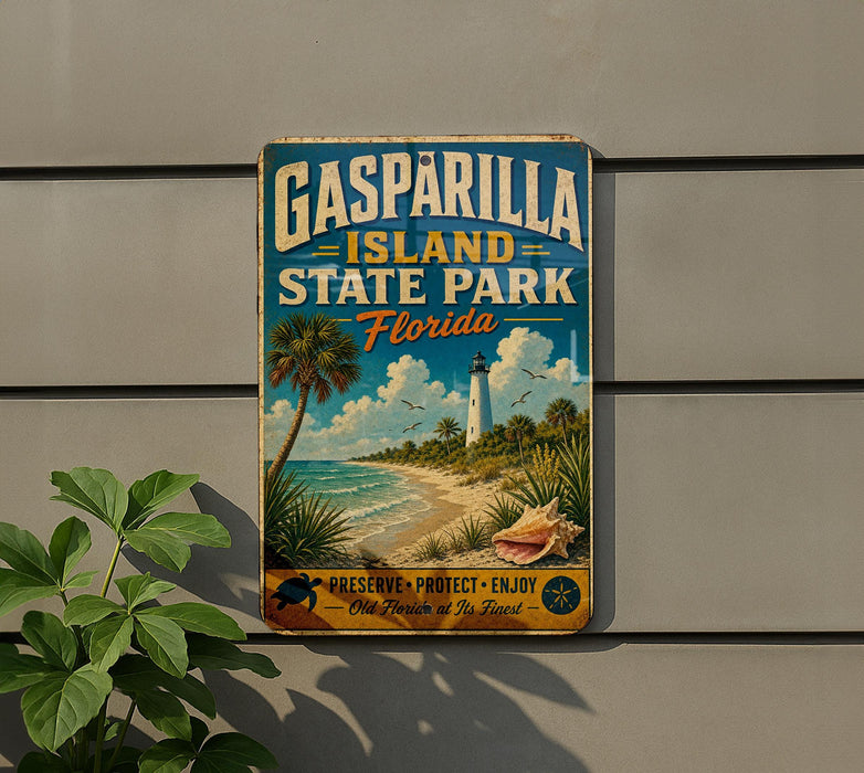 A vintage-style sign for Gasparilla Island State Park in Florida, featuring a beach scene with palm trees, a lighthouse, and a seashell.