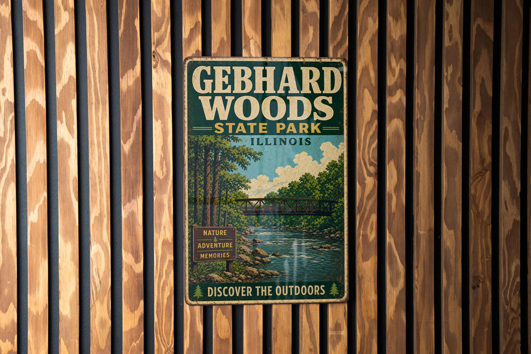 A vintage metal sign for Gebhard Woods State Park in Illinois, featuring a scenic illustration of a river and forest.
