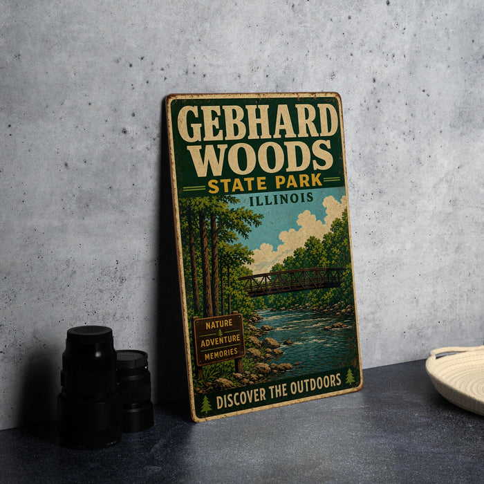 A vintage-style metal sign for Gebhard Woods State Park in Illinois, featuring a scenic illustration of a river and forest.