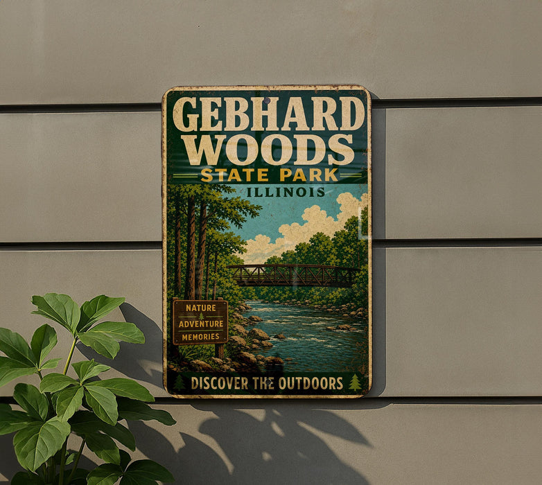 A vintage metal sign for Gebhard Woods State Park in Illinois, featuring a scenic illustration of a river and forest.