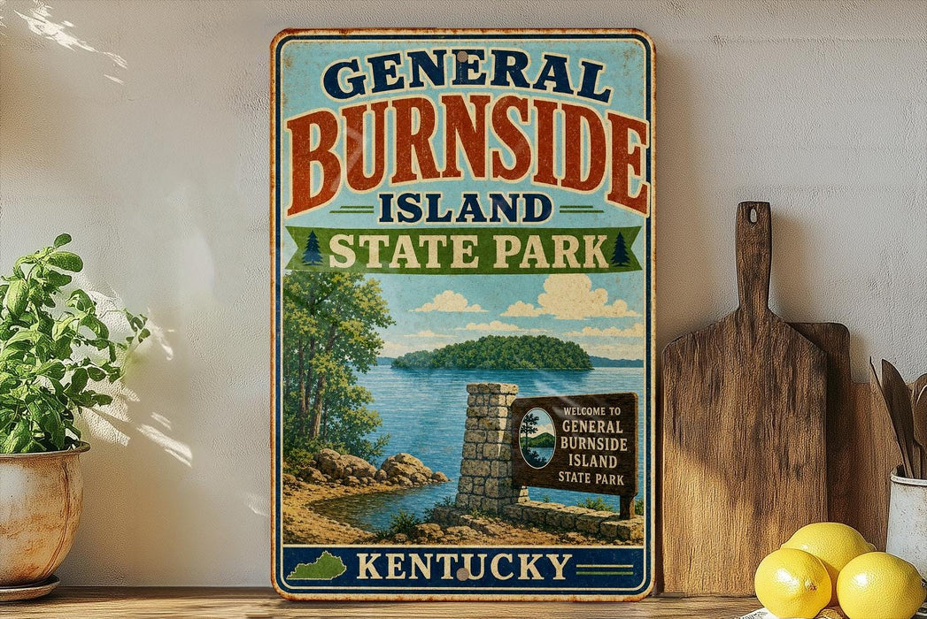 A vintage-style sign for General Burnside Island State Park in Kentucky, featuring a scenic landscape with a lake, mountains, and a wooden sign welcoming visitors to the park.