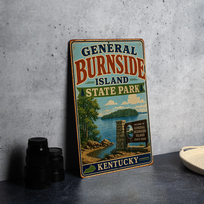 A vintage-style metal sign for General Burnside Island State Park in Kentucky, featuring a scenic illustration of the island and its surrounding landscape.