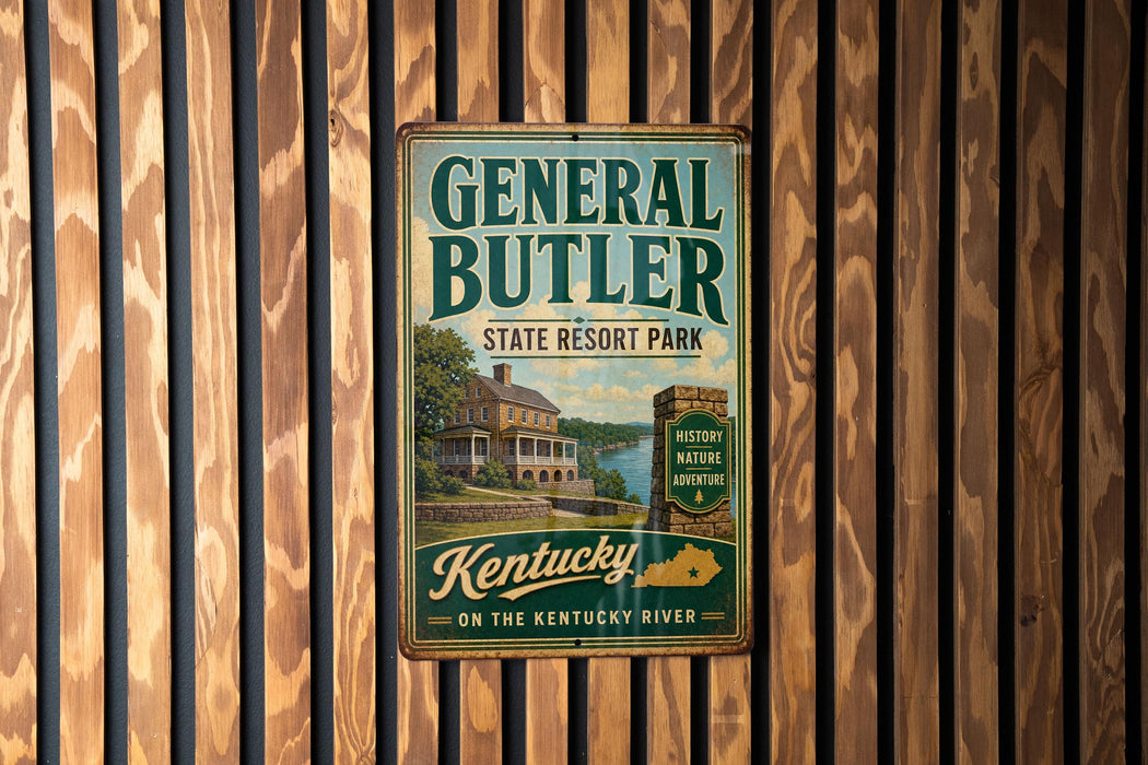 A vintage metal sign for General Butler State Resort Park in Kentucky, featuring a scenic image of the park and the Kentucky River.