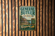 A vintage metal sign for General Butler State Resort Park in Kentucky, featuring a scenic image of the park and the Kentucky River.