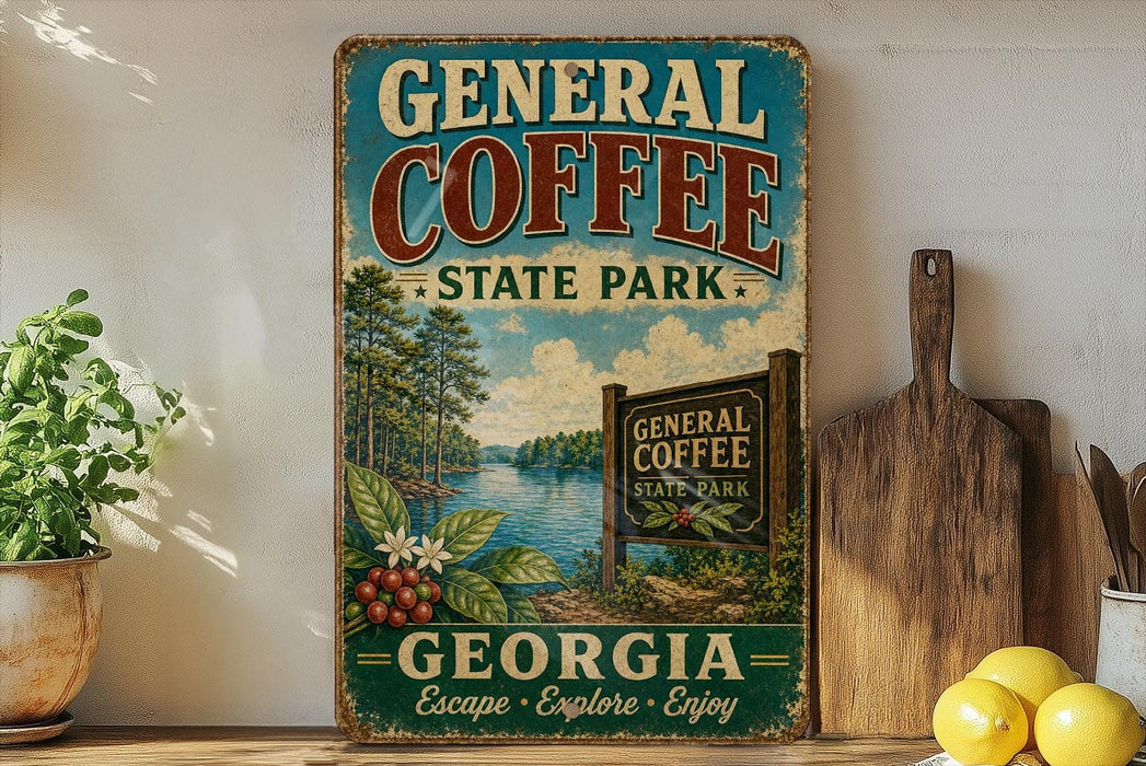a vintage-style metal sign for General Coffee State Park in Georgia, with a scenic landscape of a lake and trees. The sign is displayed on a shelf, surrounded by various kitchen utensils and a potted plant.