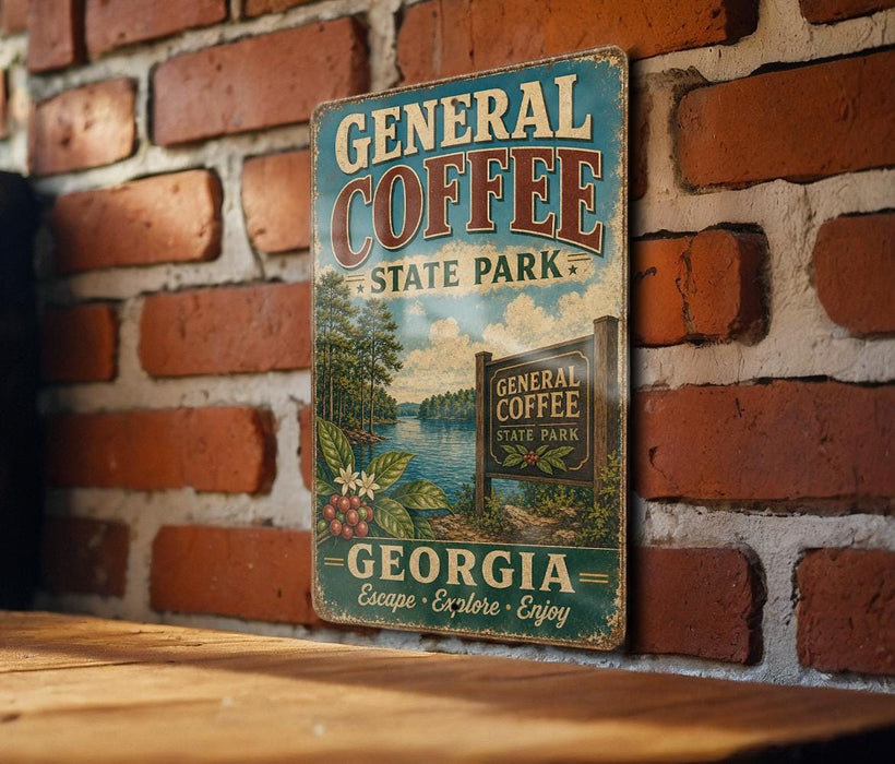 A vintage-style metal sign for General Coffee State Park in Georgia, featuring a scenic landscape with a lake and trees.