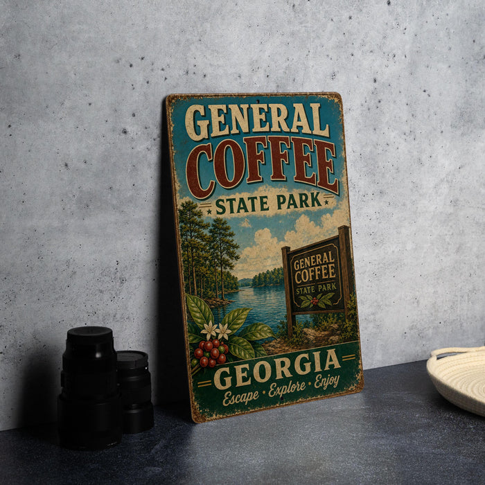 A vintage-style metal sign for General Coffee State Park in Georgia, featuring a scenic landscape with trees, water, and a sign welcoming visitors to the park.