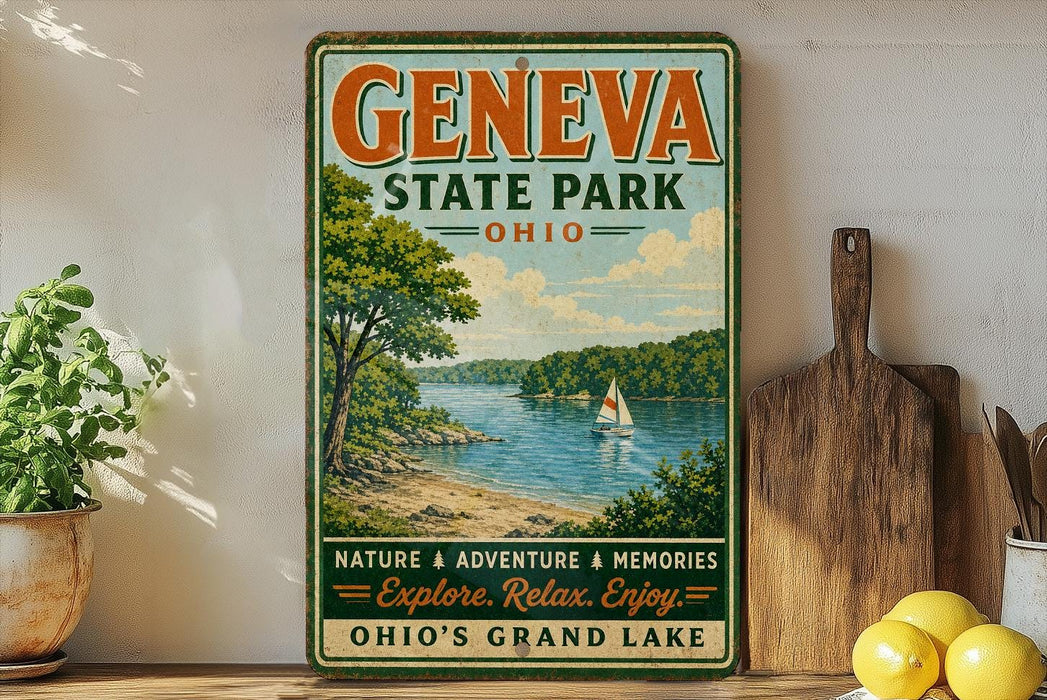 a vintage-style metal sign for Geneva State Park, Ohio, with a scenic illustration of a lake and a sailboat. The sign encourages visitors to "Explore. Relax. Enjoy." and highlights the park's offerings of nature, adventure, and memories.