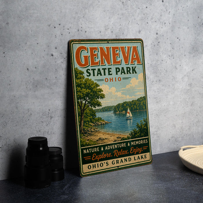 a vintage-style metal sign for Geneva State Park, Ohio, with a scenic illustration of a lake and a sailboat.