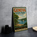 a vintage-style metal sign for Geneva State Park, Ohio, with a scenic illustration of a lake and a sailboat.