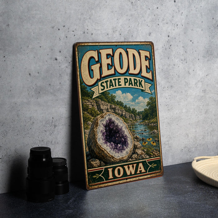 A vintage-style metal sign for Geode State Park in Iowa, featuring an image of a large geode and a scenic landscape.