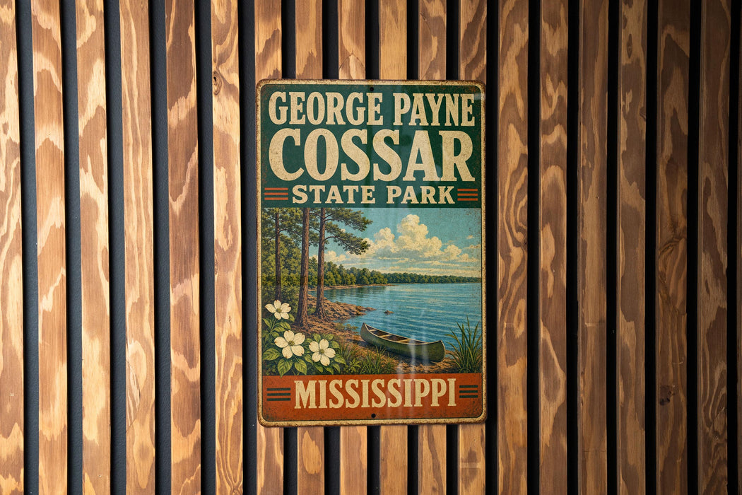 A vintage metal sign for George Payne Cossar State Park in Mississippi, featuring a scenic landscape with a lake, trees, and a boat.