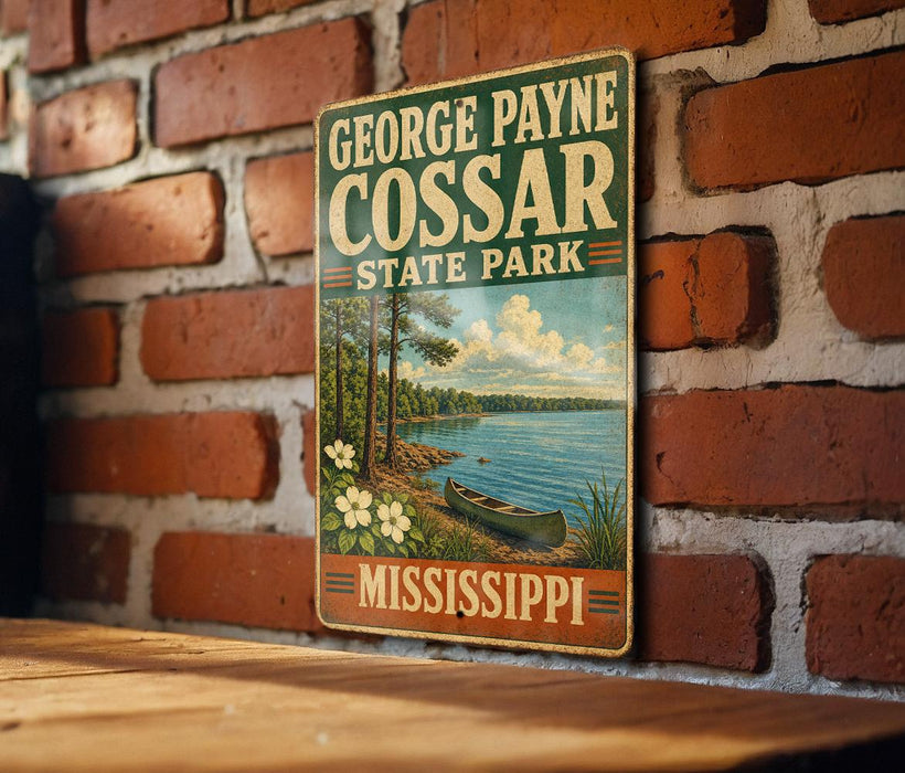A vintage-style metal sign for George Payne Cossar State Park in Mississippi, featuring a scenic illustration of a lake, trees, and a canoe.